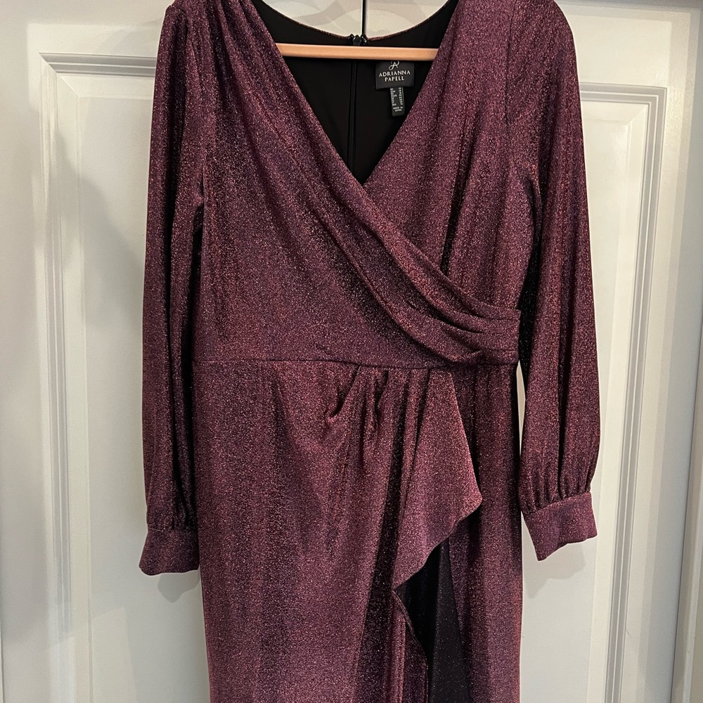 Adrianna Papell metallic knit faux wrap surplice V-neck high slit gown